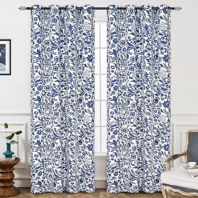 DriftAway Julia Watercolor Blackout Room Darkening Lined Thermal Insulated Energy Saving Window Curtains 2 Layers 2 Panels Each Size 52 Inch by 102 Inch Navy