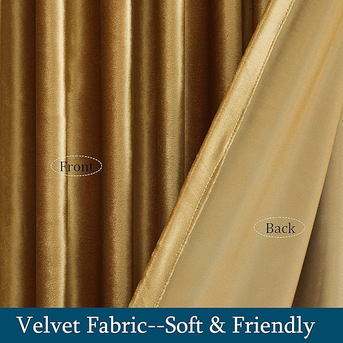 PRIMROSE Golden Velvet Curtains 96 inch Long for Living Room,Set of 2 Panels Blackout Rod Pocket Back Tab Window Treatment Room Darkening Heavy Decorative Curtains Drapes for Bedroom