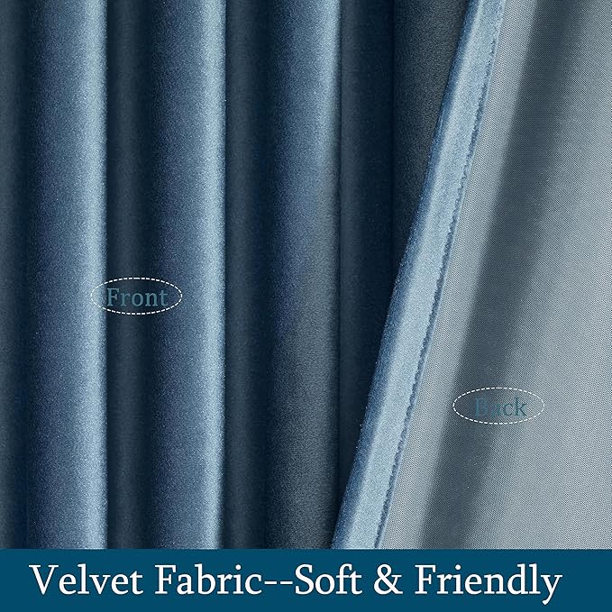 PRIMROSE Velvet Curtains 120 inch Long for Living Room,Set of 2 Panels Stone Grayish Blue Blackout Rod Pocket Back Tab Window Treatment Room Darkening Heavy Decorative Curtains Drapes for Bedroom
