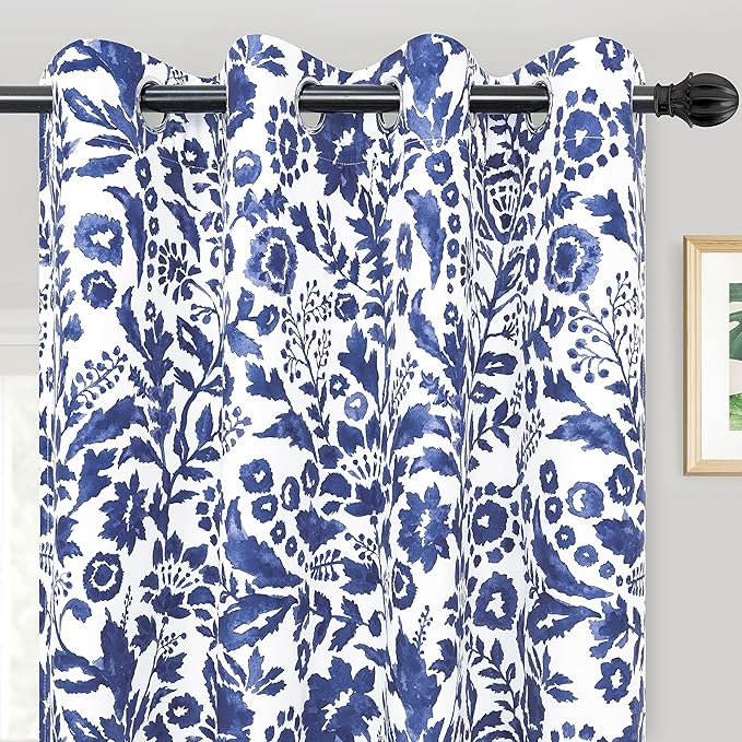 DriftAway Julia Watercolor Blackout Room Darkening Lined Thermal Insulated Energy Saving Window Curtains 2 Layers 2 Panels Each Size 52 Inch by 102 Inch Navy