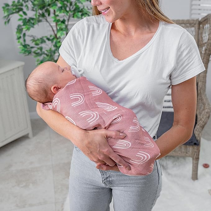 Comfy Cubs Muslin Swaddle Blankets Pack of 1, 47 x 47 Inch Soft Cotton Baby Blanket Set, Large Multipurpose Wraps for Newborns - Self-Soothing Swaddles for Newborns - Mauve Rainbow