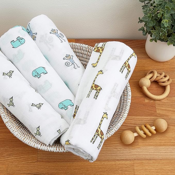 aden + anais Boutique Muslin Swaddle Blanket for Baby Girls and Boys, Newborn Receiving Blanket for Swaddling, 100% Muslin Cotton Swaddle Wrap, 4 Pack, Jungle Jam