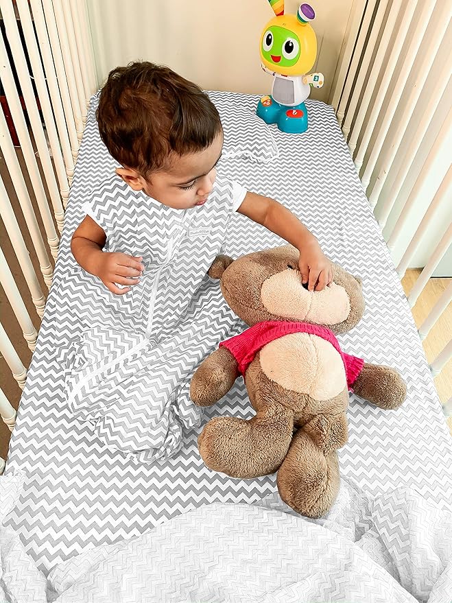 BaeBae Goods Premium Crib Sheets for Baby Boys and Girls, 4 Pack, Soft and Breathable Jersey Knit Fitted Sheet Set, Grey and White, Cute Gender Neutral Nursery Mattress Bedding, Universal Fit
