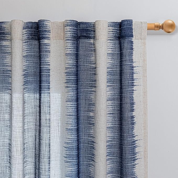MYSKY HOME Navy Blue Curtains 95 Inch Length 2 Panels Set, Soft Touch Semi Sheer Lines Printed Linen Look Curtains & Drapes, Soft Light Filtering Privacy Protect, 50"x95", Navy Blue, 2 Pieces