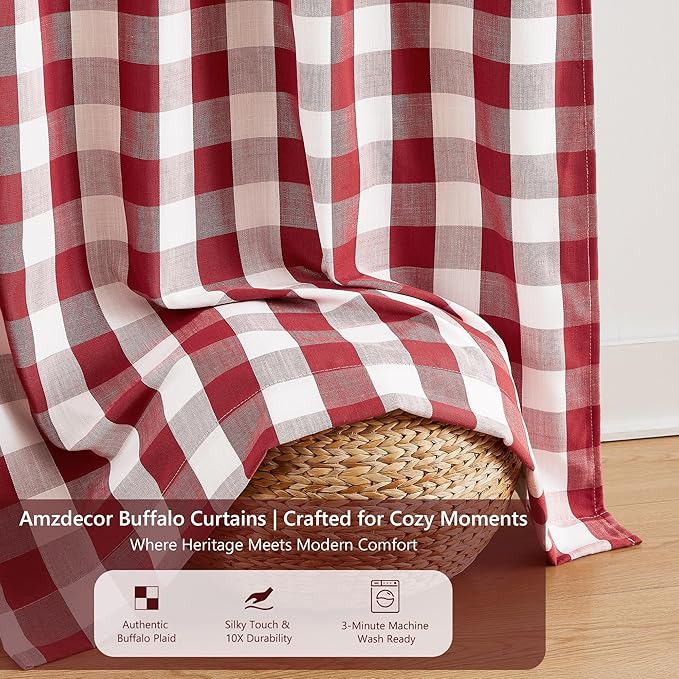 Amzdecor Red White Buffalo Plaid Full Blackout Curtains 63 Inch Long for Bedroom Living Room Farmhouse Check Patterned Drapes Thermal Insulated Soundproof Grommet Window Treatment, 2 Panels, 52"x63"