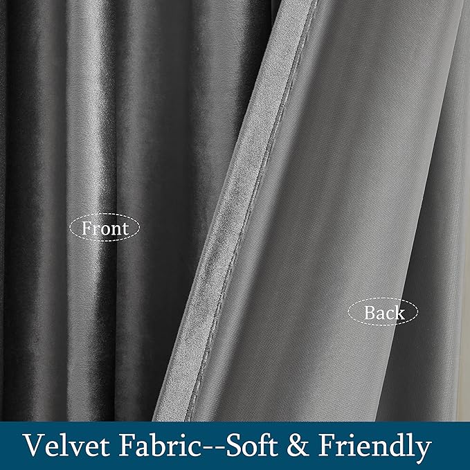 PRIMROSE Dark Grey Velvet Curtains 63 inch Long for Living Room,Set of 2 Panels Blackout Rod Pocket Back Tab Window Treatment Room Darkening Heavy Decorative Curtains Drapes for Bedroom