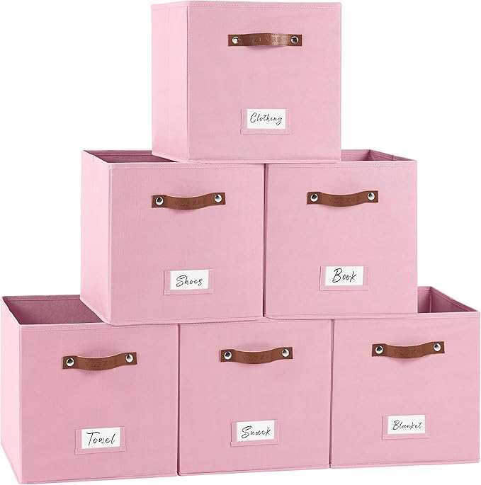 13 Inch Cube Storage Bin Fabric Basket with Handles and Labels, Cube Storage Organizer for Closet, Bedroom, Living Room (Pink,6 Pack)