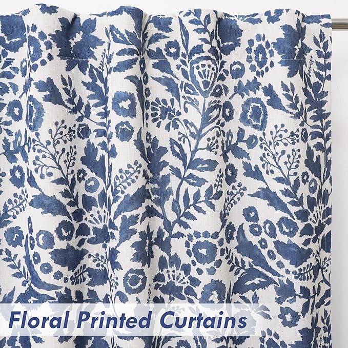 DriftAway Julia Watercolor Blackout Room Darkening Lined Thermal Insulated Energy Saving Window Curtains 2 Layers 2 Panels Each Size 52 Inch by 84 Inch Navy Blue Beige Linen