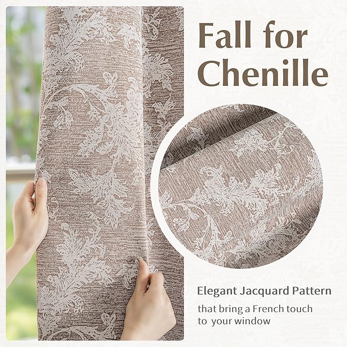 FMFUNCTEX Rust Brown Floral Jacquard Blackout Curtains 63 Inch Length for Bedroom, Scroll Flower Chenille Farmhouse Curtains for Living Room Darkening Thermal Insulated Grommet Window Drapes 2 Panels