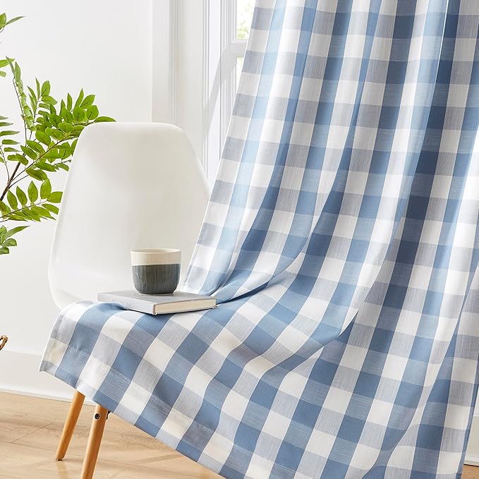 Amzdecor Blue White Buffalo Plaid Full Blackout Curtains 84 Inch Long for Bedroom Living Room Farmhouse Check Patterned Drapes Thermal Insulated Soundproof Grommet Window Treatment, 2 Panels, 52"x84"