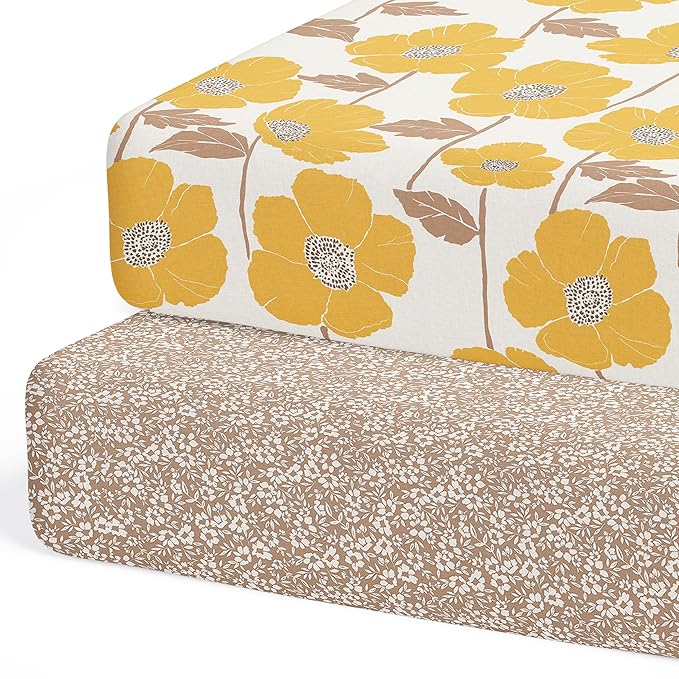 Crib Sheets Neutral - Fitted Baby Crib Sheets Bed for Girl Boy - 2 Pack Standard & Toddler Mattress (Poppy Fields) - Buttery Soft Organic Cotton Blend