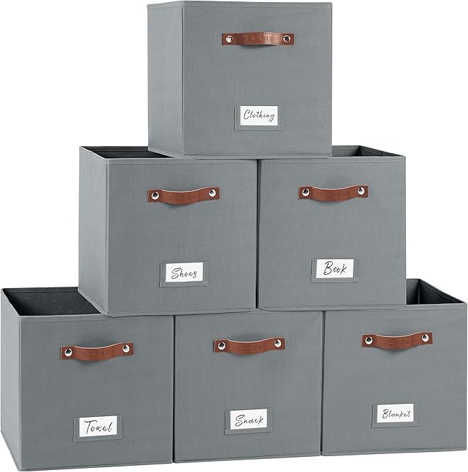 13 Inch Cube Storage Bin Fabric Basket with Handles and Labels, Cube Storage Organizer for Closet, Bedroom, Living Room (Gray,6 Pack)