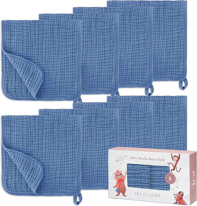 LILY O LAUREL Muslin Burp Cloths, 20"x10"- Pack of 8, 6 Layers Super Soft Absorbent & Breathable 100% Cotton for Baby Drool and Messes, Burp Cloth Baby Boy and Burp Cloths Baby Girl