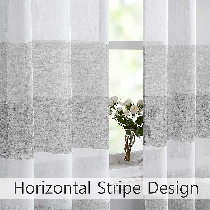 Central Park Gray Charcola Stripe Sheer Color Block Window Curtain Panel Linen Window Treatment for Bedroom Living Room Farmhouse 84 inches Long with Grommets, 2 Panel Rustic Drapes