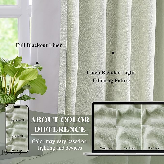 WEST LAKE Pinch Pleated Full Blackout Curtain Panels 63 Inches Long,Soft Green Linen Blended Drapes for Bedroom Living Room,Energy Efficient Window Treatment,Back Tabs Hooks,40" Wx63 L(Pack of 2)
