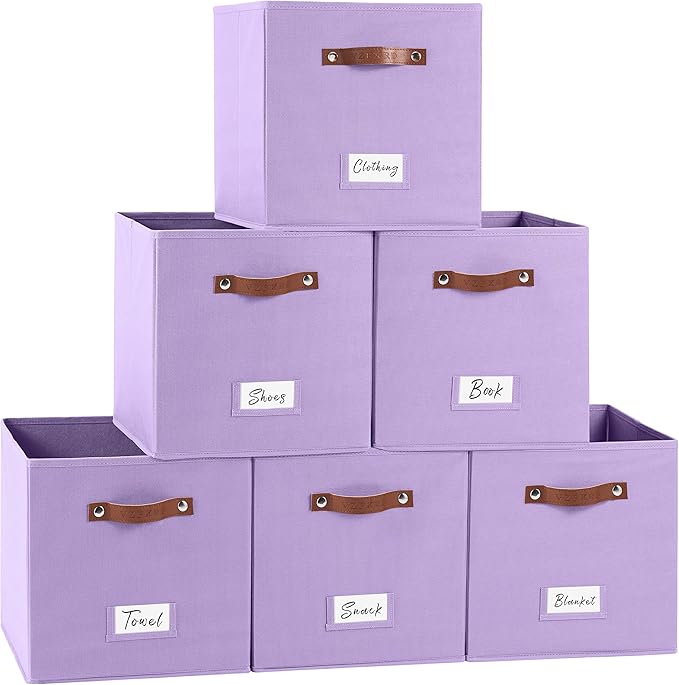 13 Inch Cube Storage Bin Fabric Basket with Handles and Labels, Cube Storage Organizer for Closet, Bedroom, Living Room (Purple,6 Pack)