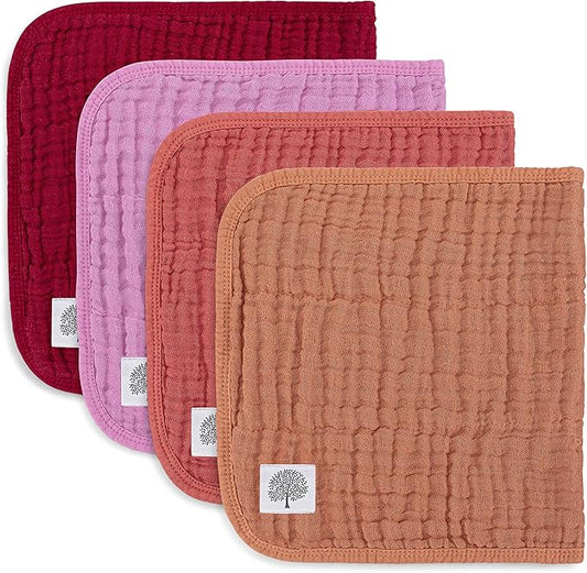 Parker Baby Muslin Burp Cloths | 100% Cotton Burping Clothes, Newborn Essential | Must-Have Baby Registry, Modern and Trendy Colors | 20"x11" Large Baby Burp Cloths, 4-Pack Rose