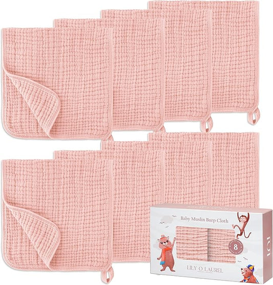 LILY O LAUREL Muslin Burp Cloths, 20"x10"- Pack of 8, 6 Layers Super Soft Absorbent & Breathable 100% Cotton for Baby Drool and Messes, Burp Cloth Baby Boy and Burp Cloths Baby Girl