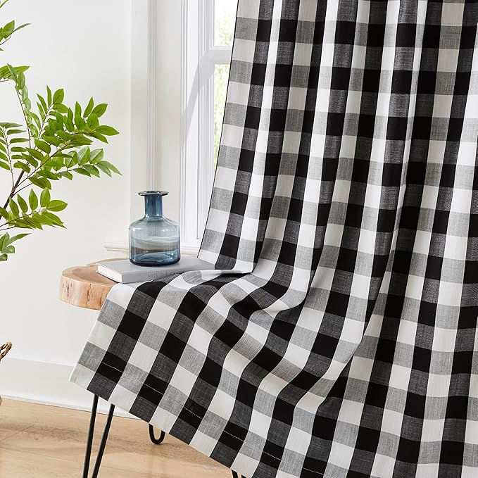 Amzdecor Buffalo Plaid Check Full Blackout Curtains Woven Checkered GEO Thermal Insulated Energy Efficient Drapes Grommet 2 Layers Window Treatment for Bedroom Living Room,2 Panels,52"x90",Black White
