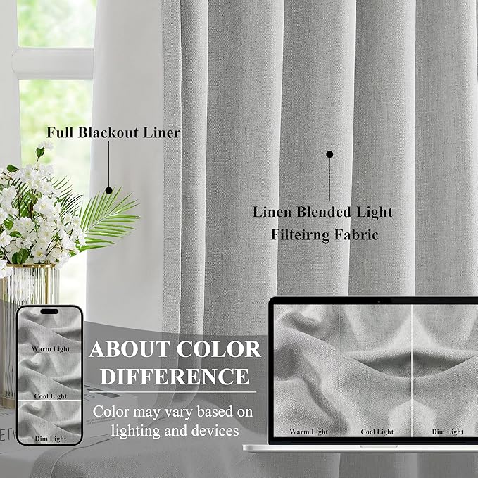 WEST LAKE 108 Inches Long Pinch Pleated Full Blackout Curtain Panels for Bedroom,Light Grey Linen Blend Drapes,Contemporary Thermal Insulate Window Treatment,Back Tabs Hooks,40" Wx108 L(Pack of 2)