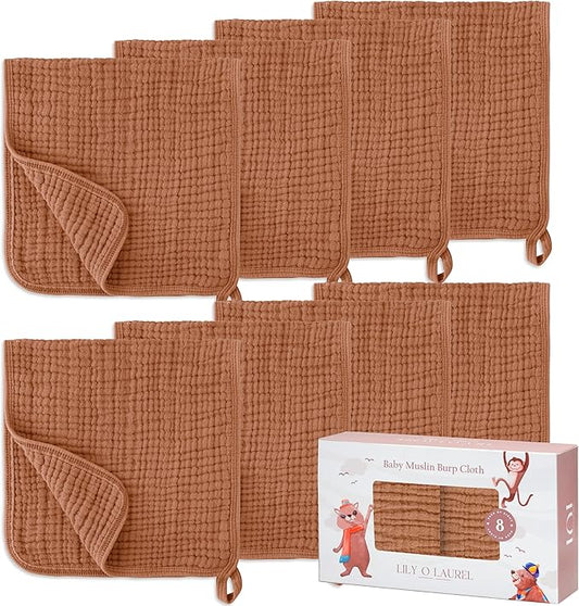 LILY O LAUREL Muslin Burp Cloths, 20"x10"- Pack of 8, 6 Layers Super Soft Absorbent & Breathable 100% Cotton for Baby Drool and Messes, Burp Cloth Baby Boy and Burp Cloths Baby Girl