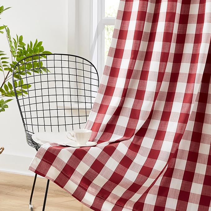 Amzdecor Buffalo Plaid Check Full Blackout Curtains Woven Checkered GEO Thermal Insulated Energy Efficient Drapes Grommet 2 Layers Window Treatment for Bedroom Living Room,2 Panels,52"x84",Red White