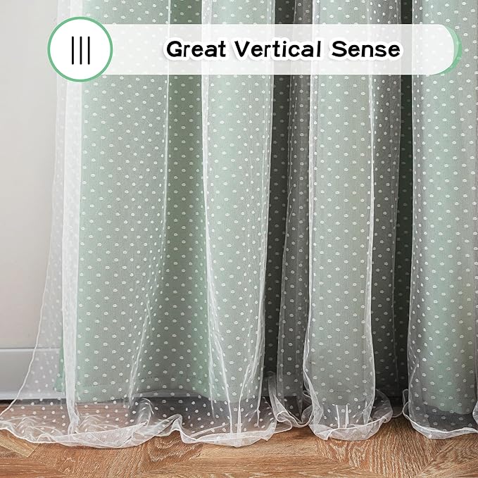 MYSKY HOME Curtains for Girls Bedroom & Nursery Kids Green Cute Curtains 63 inch Long Double Layer with Polka Dots Sheer, Grommet Tops, 52" Wide Each Panel, 2 Panels