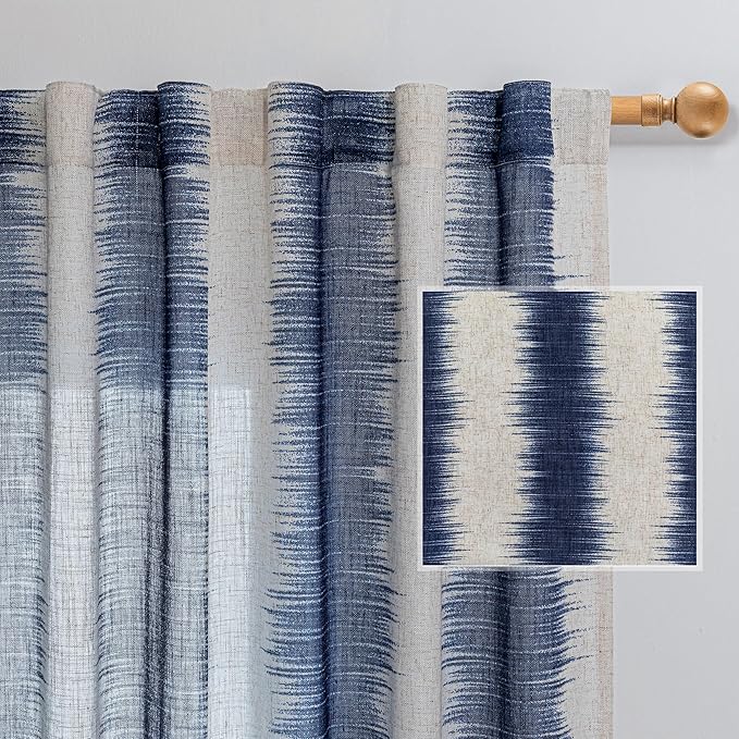 MYSKY HOME Navy Blue Curtains 95 Inch Length 2 Panels Set, Soft Touch Semi Sheer Lines Printed Linen Look Curtains & Drapes, Soft Light Filtering Privacy Protect, 50"x95", Navy Blue, 2 Pieces
