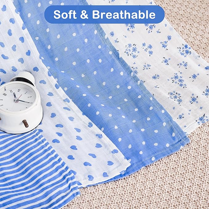 Viviland Muslin Swaddle Blanket, Baby Swaddle Blanket for Boys & Girls, Nursery Receiving Blanket for Newborn, Baby Swaddle Wrap Soft Silky & Breathable, 4 Packs, 47 X 47In, Blue Floral