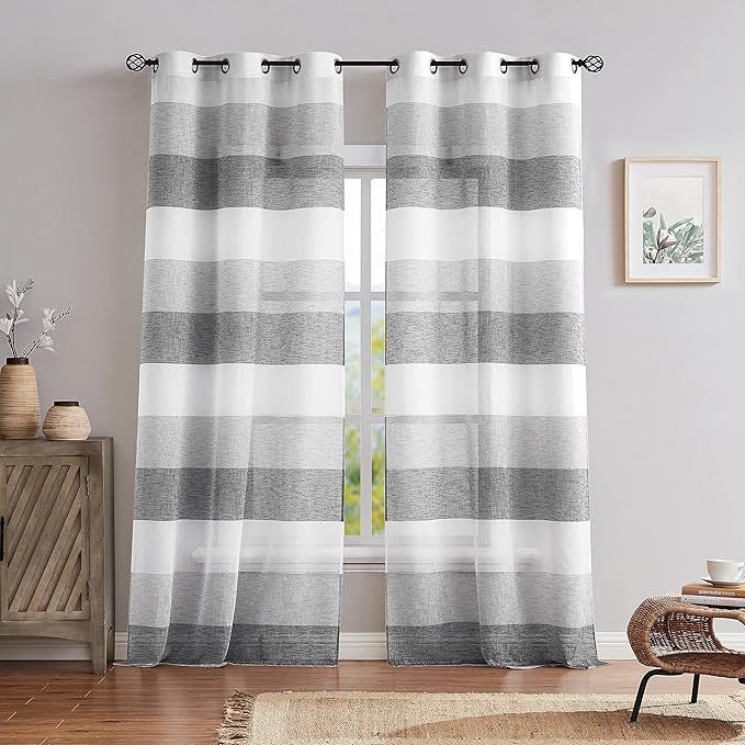 Central Park Gray Charcola Stripe Sheer Color Block Window Curtain Panel Linen Texture Window Treatment for Bedroom Living Room Farmhouse 90 Inches Long with Grommets, 40"x90", 2 Panel