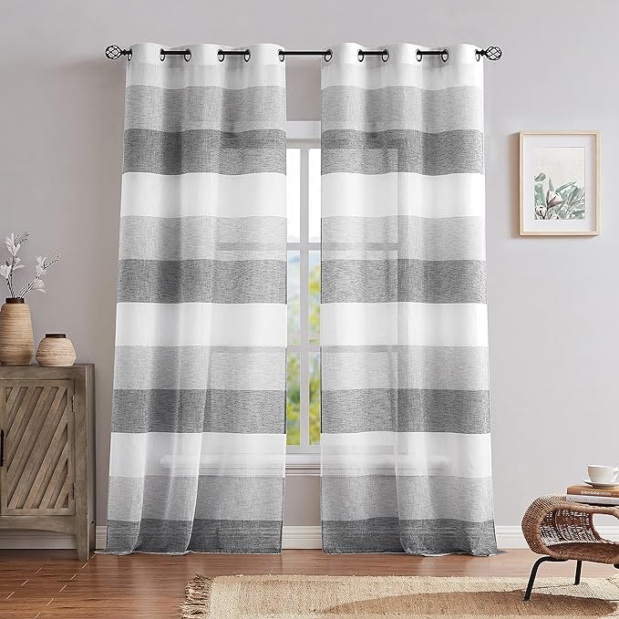 Central Park Gray Charcola Stripe Sheer Color Block Window Curtain Panel Linen Window Treatment for Bedroom Living Room Farmhouse 95 inches Long with Grommets, 2 Panel Rustic Drapes