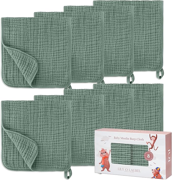 LILY O LAUREL Muslin Burp Cloths, 20"x10"- Pack of 8, 6 Layers Super Soft Absorbent & Breathable 100% Cotton for Baby Drool and Messes, Burp Cloth Baby Boy and Burp Cloths Baby Girl