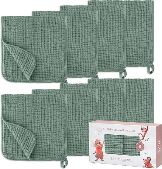 LILY O LAUREL Muslin Burp Cloths, 20"x10"- Pack of 8, 6 Layers Super Soft Absorbent & Breathable 100% Cotton for Baby Drool and Messes, Burp Cloth Baby Boy and Burp Cloths Baby Girl