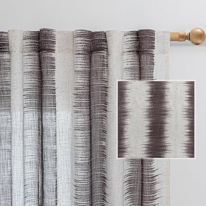 MYSKY HOME Curtains for Kitchen Windows, Sheer Curtains 63 Inch Length for Bedroom, Lines Printed Linen Look Curtains & Drapes, Soft Light Filtering Privacy Protect, 50" x 63", Red/Lines, 2 Panels