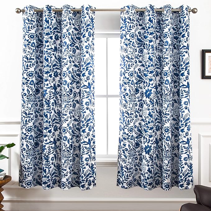 DriftAway Julia Watercolor Blackout Room Darkening Lined Thermal Insulated Energy Saving Window Curtains 2 Layers 2 Panels Each Size 52 Inch by 63 Inch Navy