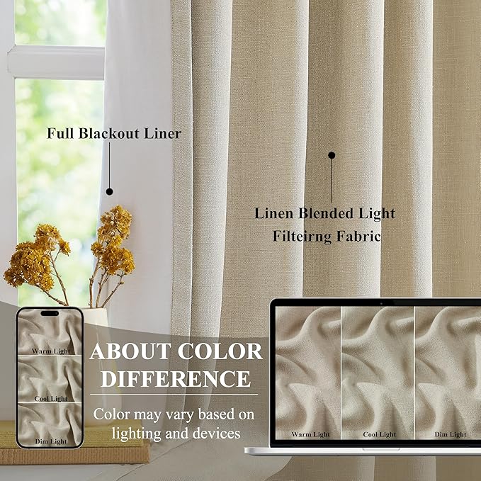 WEST LAKE Extra Long Pinch Pleated Blackout Curtain Panels 108 Inches Length for Bedroom Living Room,Sand Linen Blended Room Darkening Drapes,French Pleat Window Treatment,60" Wx108 L(Pack of 1)